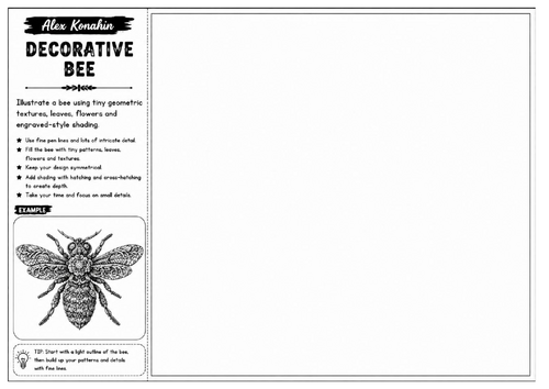 Decorative Bee | Alex Konahin Inspired Insect Drawing Worksheet | Pen & Ink Art Activity