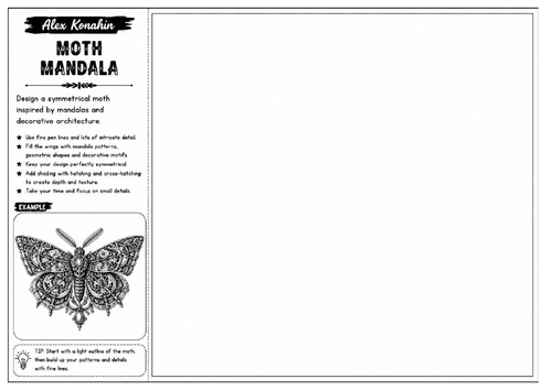 Moth Mandala | Alex Konahin Inspired Symmetry Drawing Worksheet | Decorative Art Activity