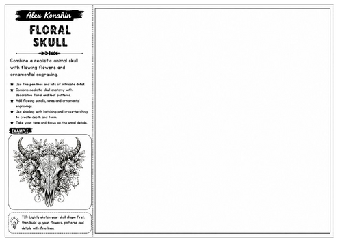 Floral Skull | Alex Konahin Inspired Decorative Skull Worksheet | Botanical Pen Drawing