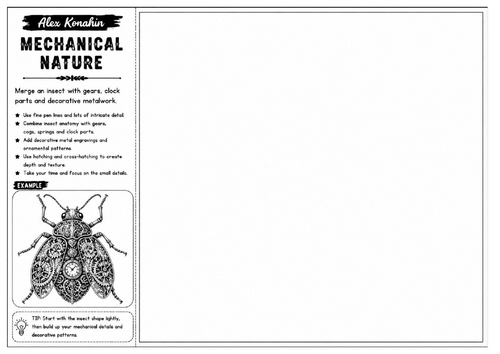 Mechanical Nature | Alex Konahin Inspired Steampunk Insect Worksheet | Detailed Drawing Activity