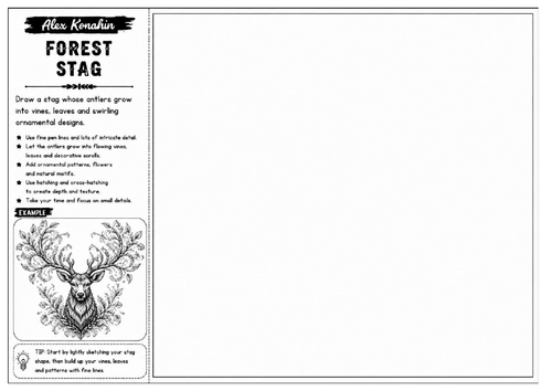 Forest Stag | Alex Konahin Inspired Nature Drawing Worksheet | Decorative Animal Art