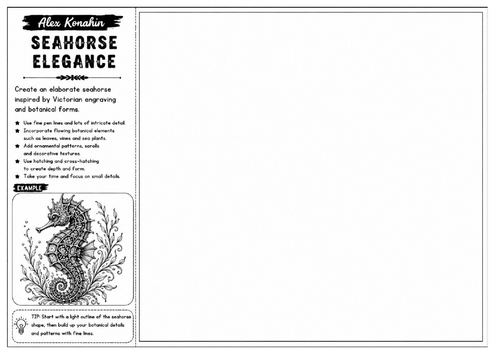 Seahorse Elegance | Alex Konahin Inspired Ocean Drawing Worksheet | Pen Illustration Activity