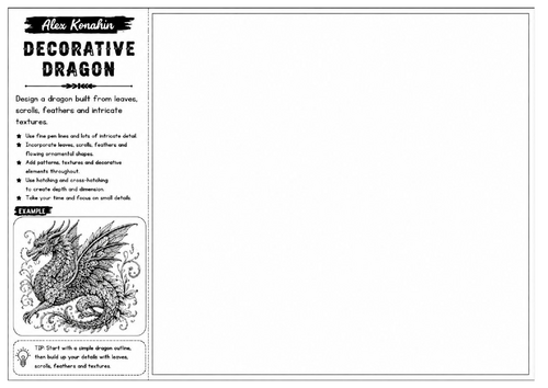 Decorative Dragon | Alex Konahin Inspired Fantasy Drawing Worksheet | Detailed Pen Art