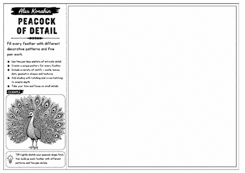 Peacock of Detail | Alex Konahin Inspired Decorative Bird Worksheet | Pattern Drawing Activity
