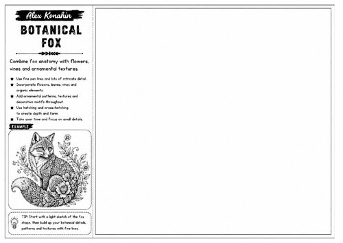 Botanical Fox | Alex Konahin Inspired Animal Drawing Worksheet | Decorative Nature Art