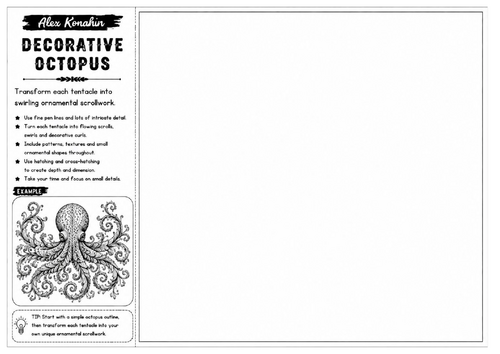 Decorative Octopus | Alex Konahin Inspired Ocean Drawing Worksheet | Pen & Ink Illustration Activity
