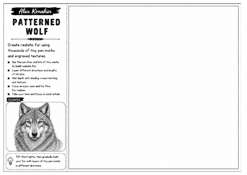 Patterned Wolf | Alex Konahin Inspired Animal Drawing Worksheet | Detailed Pen Art | KS3 KS4 GCSE