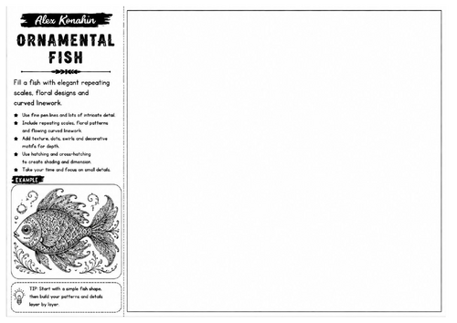 Ornamental Fish | Alex Konahin Inspired Decorative Fish Worksheet | Pattern Drawing Activity