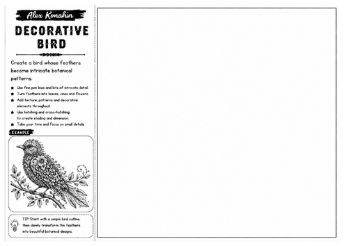 Decorative Bird | Alex Konahin Inspired Bird Drawing Worksheet | Fine Line Art Activity