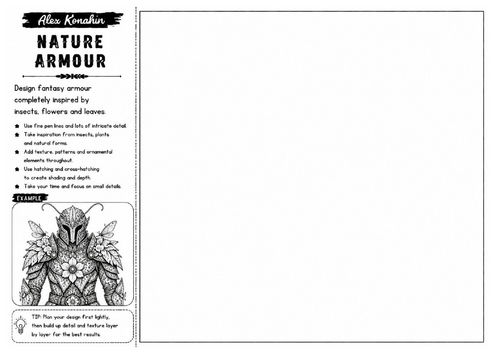 Nature Armour | Alex Konahin Inspired Fantasy Design Worksheet | Decorative Pen Drawing