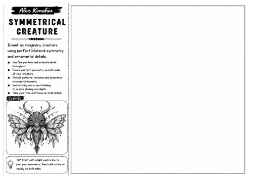 Symmetrical Creature | Alex Konahin Inspired Fantasy Creature Worksheet | Detailed Illustration Acti