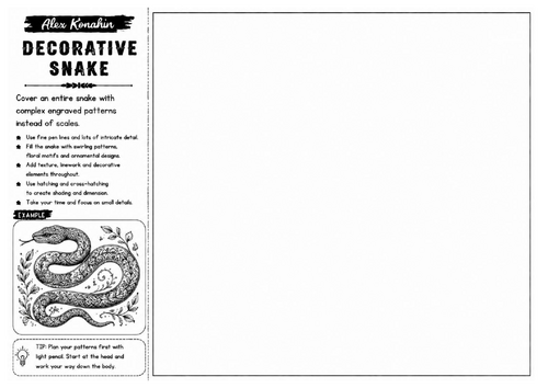 Decorative Snake | Alex Konahin Inspired Pattern Drawing Worksheet | Detailed Pen Illustration