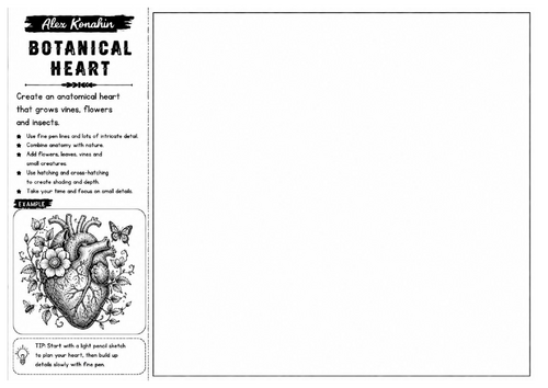 Botanical Heart | Alex Konahin Inspired Anatomical Drawing Worksheet | Decorative Pen Art