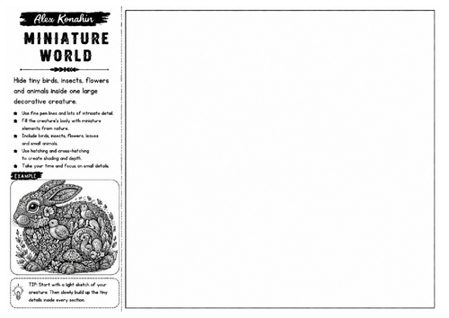 Miniature World | Alex Konahin Inspired Hidden Detail Drawing Worksheet | Fantasy Illustration
