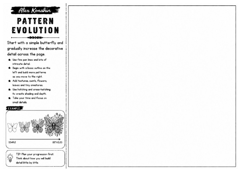 Pattern Evolution | Alex Konahin Inspired Drawing Progression Worksheet | Decorative Pen Activity