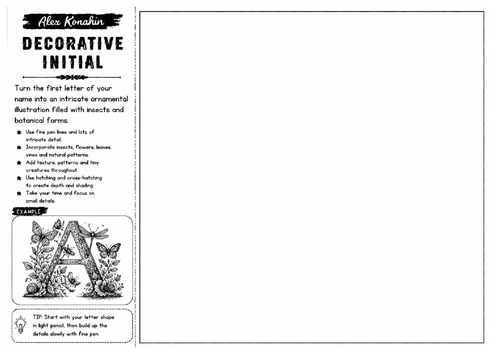 Decorative Initial | Alex Konahin Inspired Typography Worksheet | Botanical Letter Illustration