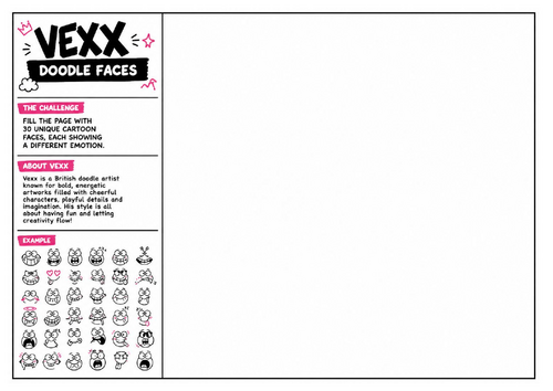 Vexx Inspired Doodle Faces Worksheet | Cartoon Character Drawing Activity | KS2 KS3 KS4 Art Cover Le