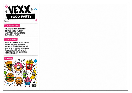 Vexx Inspired Food Party Worksheet | Cartoon Food Character Activity | Art Cover Lesson