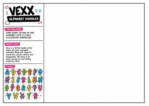 Vexx Inspired Alphabet Doodles Worksheet | Illustrated Lettering Challenge | Typography Art Activity