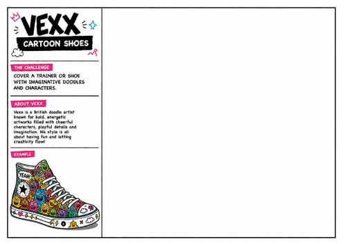 Vexx Inspired Cartoon Shoes Worksheet | Creative Trainer Design Activity | Doodle Art Lesson