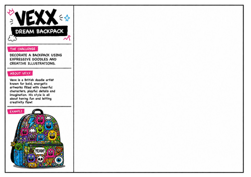 Vexx Inspired Dream Backpack Worksheet | Backpack Design Activity | Cartoon Doodle Art Lesson