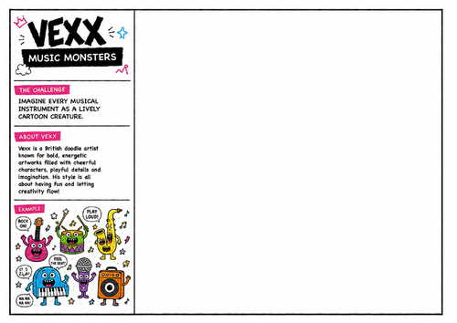 Vexx Inspired Music Monsters Worksheet | Cartoon Instrument Character Design | Creative Art Activity