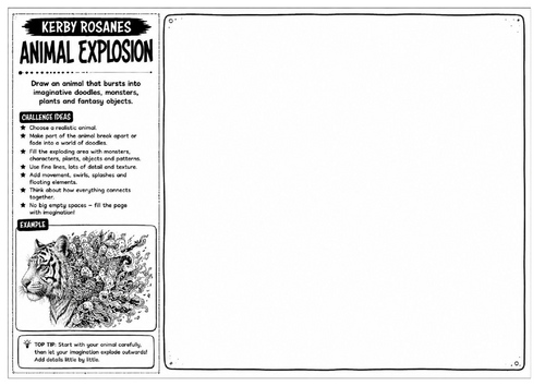 Kerby Rosanes Inspired Art Worksheet – Animal Explosion | Creative Pen Drawing | KS3 KS4 GCSE Art