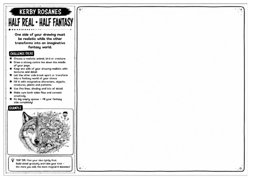 Kerby Rosanes Inspired Art Worksheet – Half Real • Half Fantasy | Surreal Drawing Challenge | KS3 KS