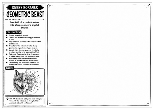 Kerby Rosanes Inspired Art Worksheet – Geometric Beast | Animal & Geometry Drawing | KS3 KS4 GCSE