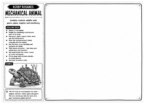 Kerby Rosanes Inspired Art Worksheet – Mechanical Animal | Steampunk Wildlife Drawing | KS3 KS4 GCSE