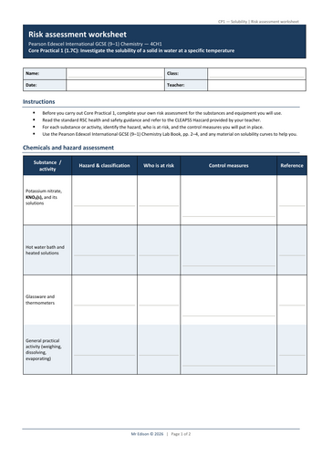Core Practical 1 Risk Assessment 4CH1 Effects of temperature on solubility