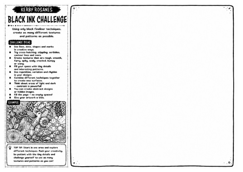 Kerby Rosanes Inspired Art Worksheet – Black Ink Challenge | Pen Technique Worksheet | KS3 KS4 GCSE
