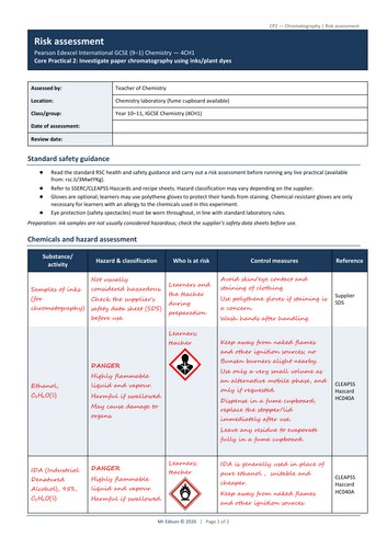 Core Practical 2 Risk Assessment 4CH1 Chromatography