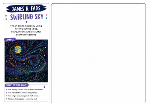 James R. Eads Inspired Art Worksheet | Swirling Sky | Night Sky Drawing Challenge | KS2 KS3 KS4