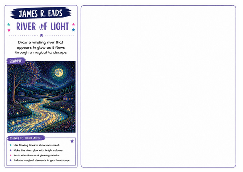 James R. Eads Inspired Art Worksheet | River of Light | Fantasy Landscape Drawing | KS2 KS3 KS4