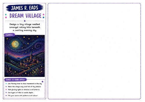 James R. Eads Inspired Art Worksheet | Dream Village | Fantasy Architecture Drawing | KS2 KS3 KS4