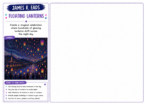 James R. Eads Inspired Art Worksheet | Floating Lanterns | Night Scene Drawing Activity | KS2 KS3 KS