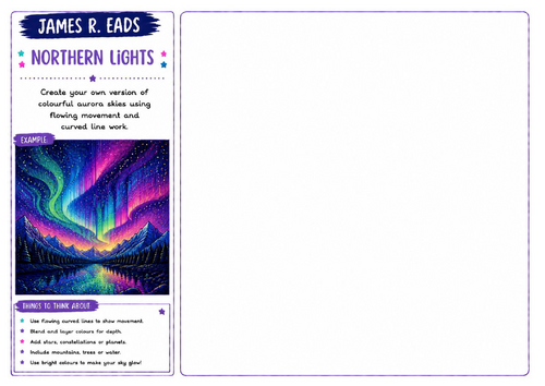 James R. Eads Inspired Art Worksheet | Northern Lights | Aurora Drawing Challenge | KS2 KS3 KS4
