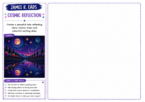 James R. Eads Inspired Art Worksheet | Cosmic Reflection | Reflection Landscape Activity | KS2 KS3 K