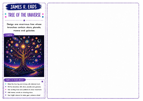 James R. Eads Inspired Art Worksheet | Tree of the Universe | Cosmic Tree Drawing | KS2 KS3 KS4