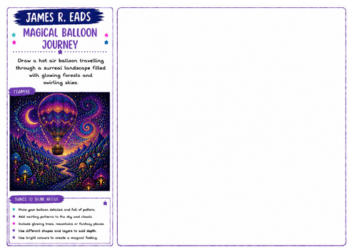James R. Eads Inspired Art Worksheet | Magical Balloon Journey | Fantasy Landscape Drawing | KS2 KS3