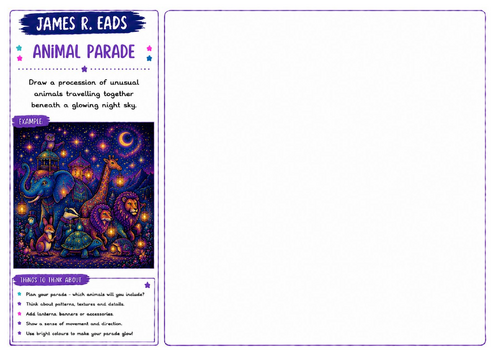 James R. Eads Inspired Art Worksheet | Animal Parade | Fantasy Animal Drawing | KS2 KS3 KS4