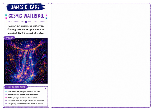 James R. Eads Inspired Art Worksheet | Cosmic Waterfall | Fantasy Waterfall Activity | KS2 KS3 KS4