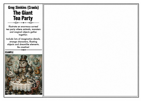 Greg Simkins (Craola) Inspired Art Worksheet – The Giant Tea Party | Surreal Fantasy Illustration