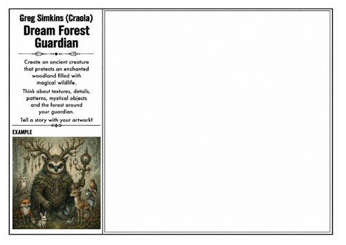 Greg Simkins (Craola) Inspired Art Worksheet – Dream Forest Guardian | Fantasy Creature Illustration