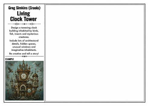 Greg Simkins (Craola) Inspired Art Worksheet – Living Clock Tower | Fantasy Architecture Drawing