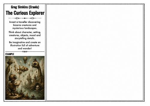 Greg Simkins (Craola) Inspired Art Worksheet – The Curious Explorer | Fantasy Adventure Drawing