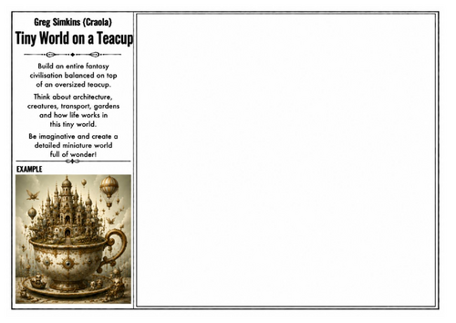 Greg Simkins (Craola) Inspired Art Worksheet – Tiny World on a Teacup | Fantasy World Building