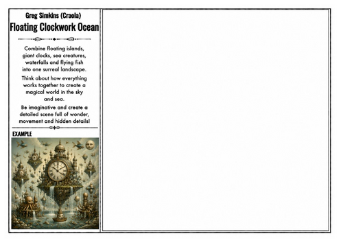Greg Simkins (Craola) Inspired Art Worksheet – Floating Clockwork Ocean | Fantasy Landscape Drawing