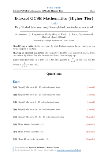 Ratio | 40 Worked Examples | Edexcel GCSE Higher Maths